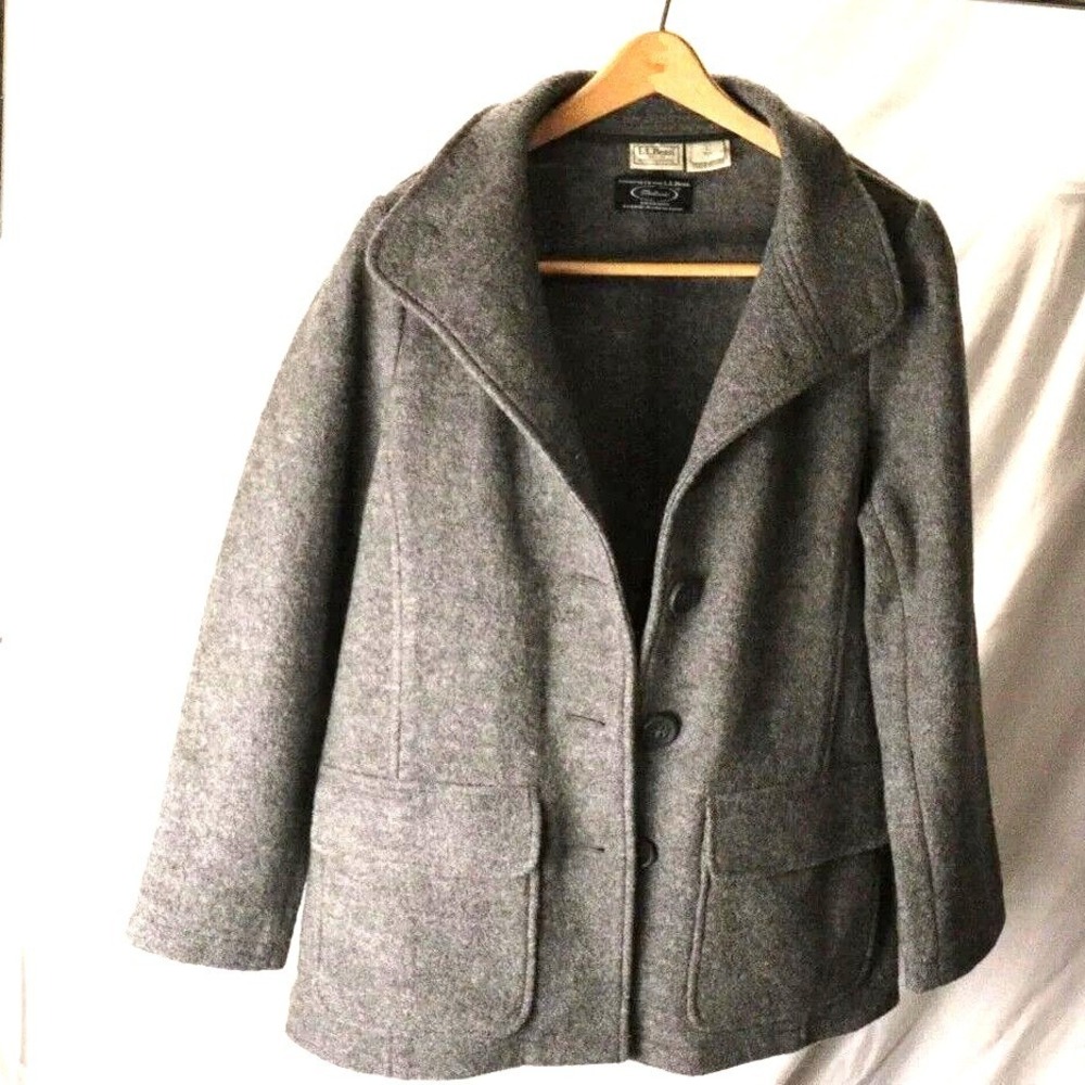 Grey 100% wool jacket women L  mid‎ length classic LL Bean Bellandi fabric Italy
